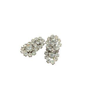 Rhinestones Earrings Clip On Clear Chatons Silver Tone Vintage Costume Earrings